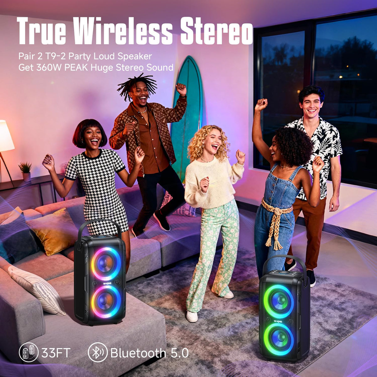 W-KING T9-2 wireless stereo pairing demonstrates true stereo capability