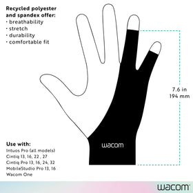 Wacom Drawing Glove fits most hands at 7.6 in by 3.3 in.