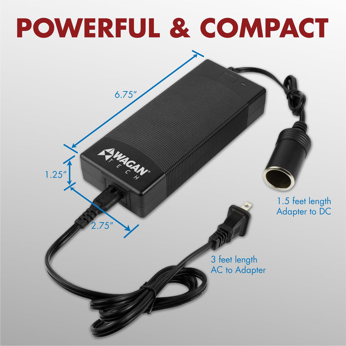 Wagan EL9904 12V DC output powers 12V devices from a wall outlet.