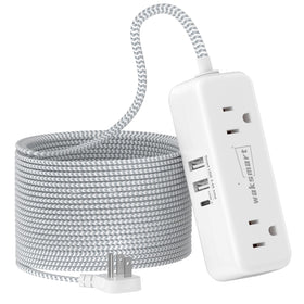 Waksmart 25 ft flat extension cord stretches across a room to reach a distant outlet.