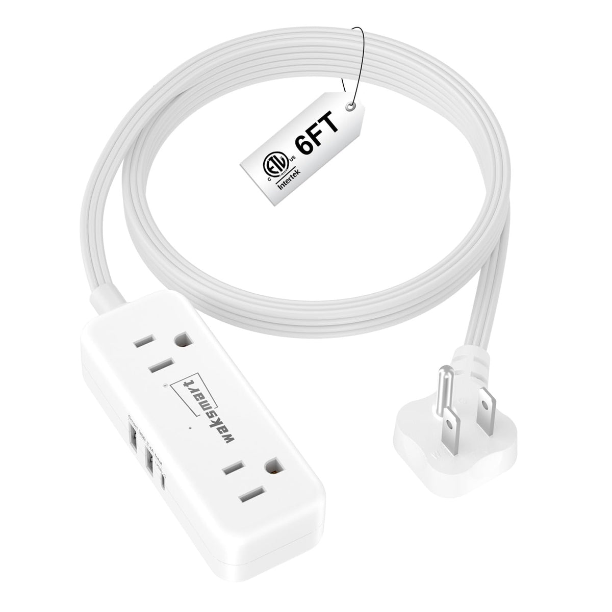 Waksmart flat extension cord with 6ft reach and 4 outlets plus 3 USB ports for dorms