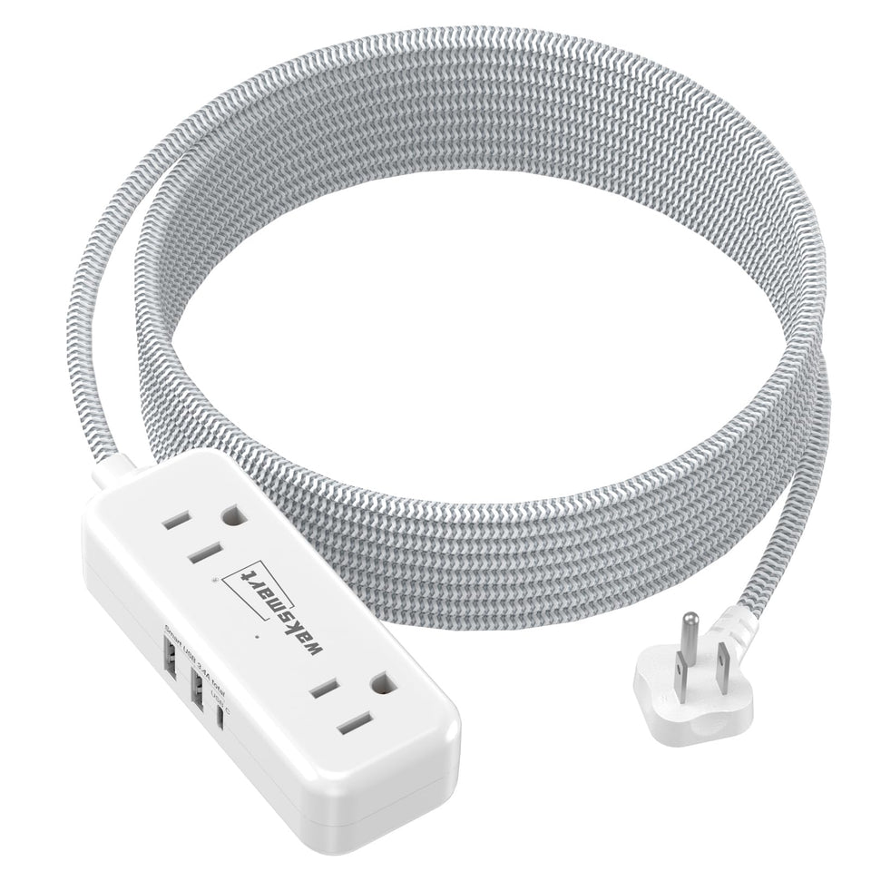 Waksmart flat plug extension with 20 ft braided cord for easy behind-furniture reach.