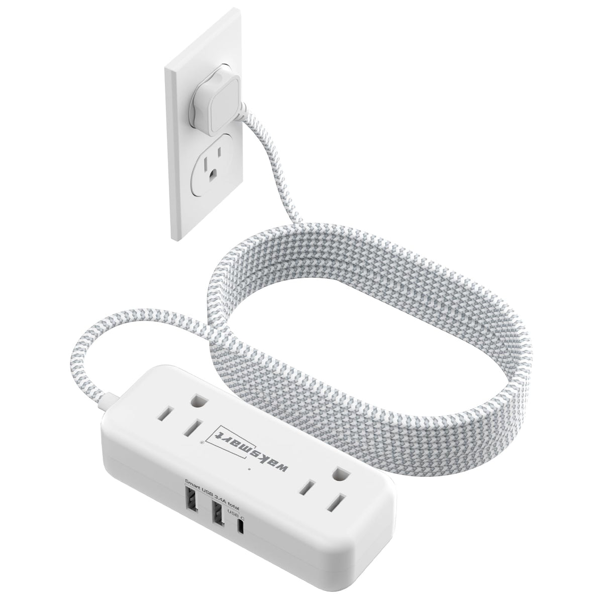 Waksmart flat-plug extension with four outlets and three USB ports for versatile charging