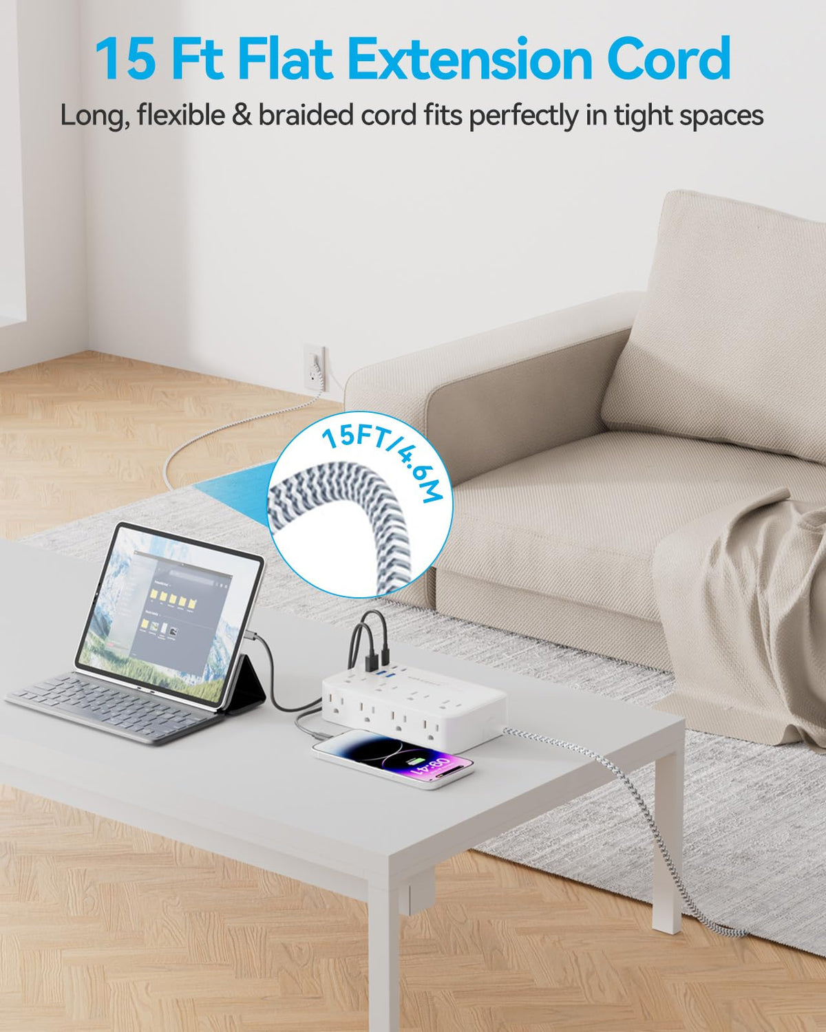 waksmart right-angle flat plug positioned behind furniture for space saving
