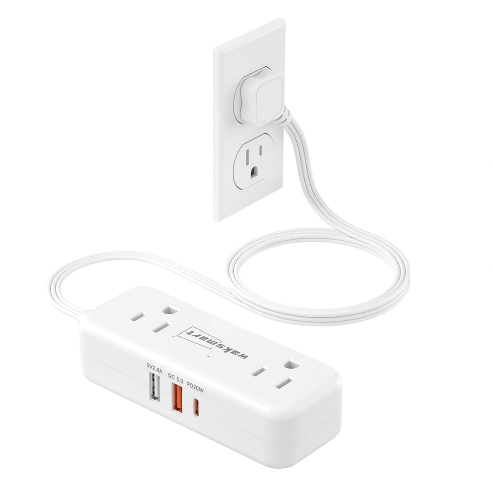 Waksmart PD20W flat plug power strip front view for space-saving desk setup