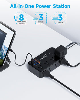 Waksmart PD45W 8-outlet configuration supports surge-protected power for home office.