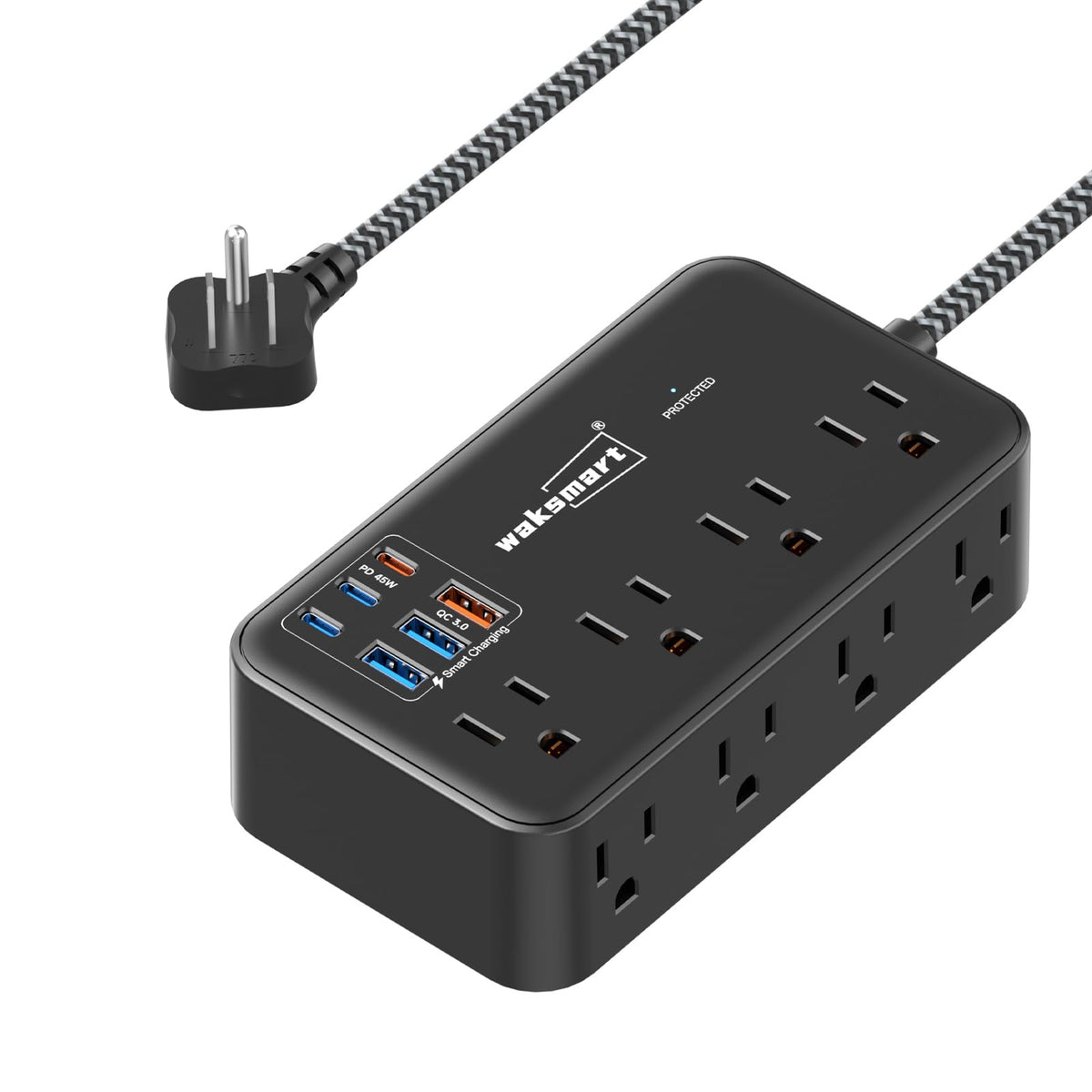 Waksmart PD45W charger front view with 8 outlets and USB ports for a tidy desk setup.