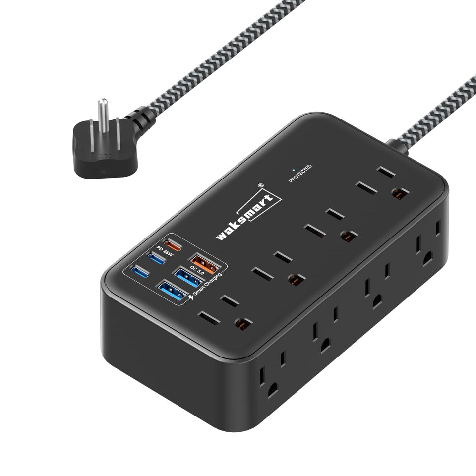 Waksmart PD45W charger front view with 8 outlets and USB ports for a tidy desk setup.