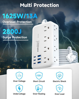 Waksmart office-dorm setup showing organized power with surge protection and USB charging