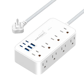 Waksmart surge protector power strip front view with 8 outlets and 6 USB ports for organized charging