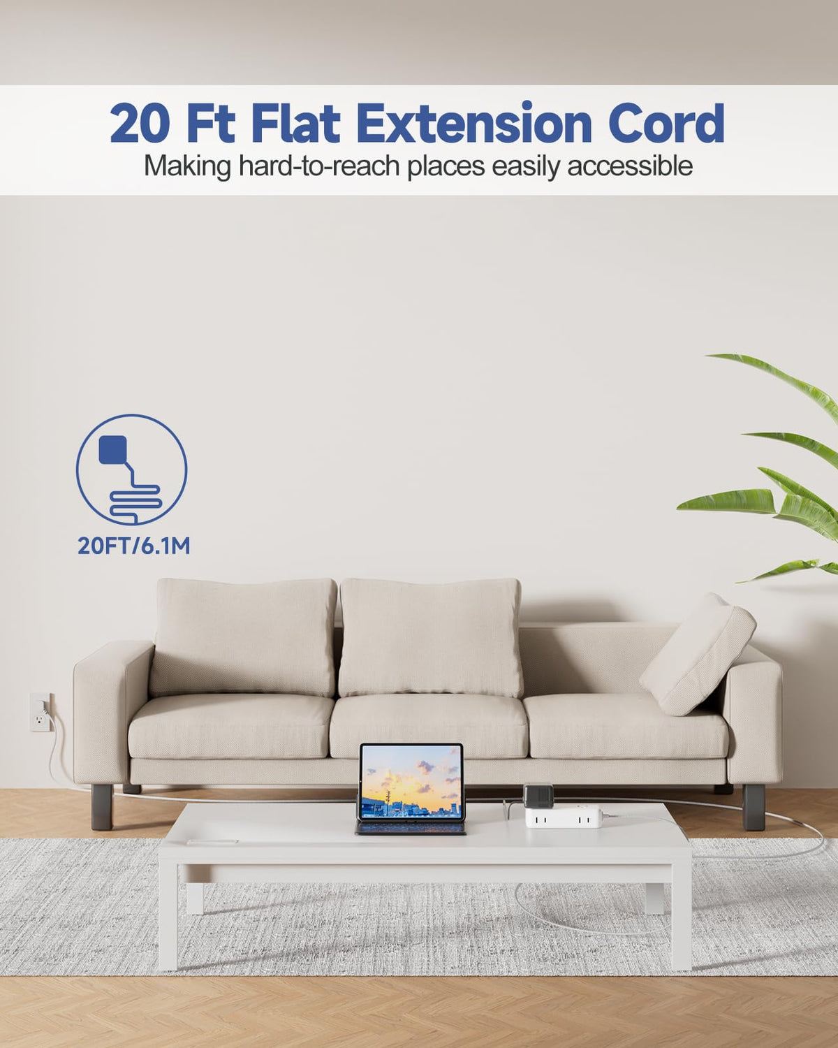 Waksmart ultra-thin flat plug tucked behind furniture for space-saving outlets.