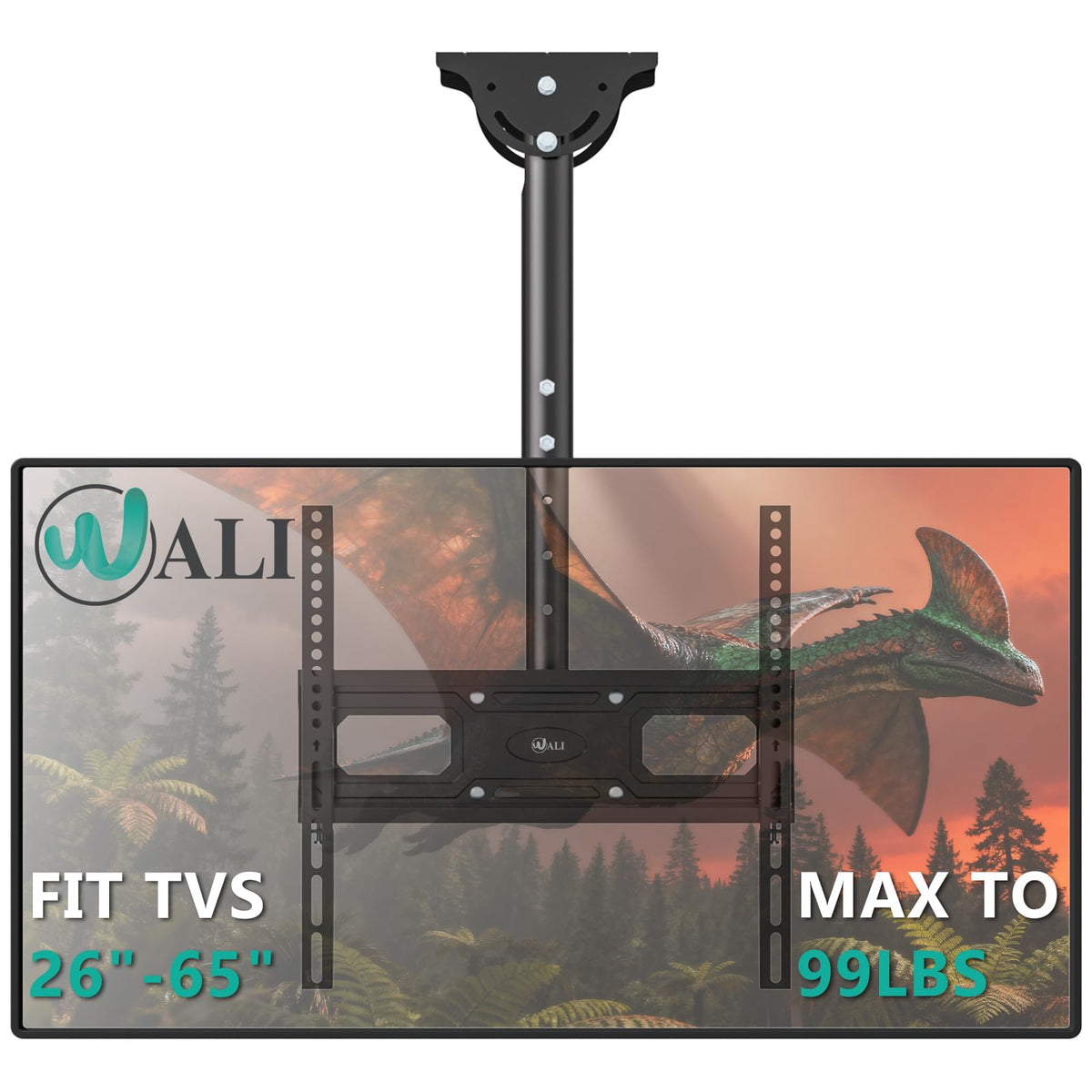 WALI front view ceiling mount holding TV, showing full-motion benefit