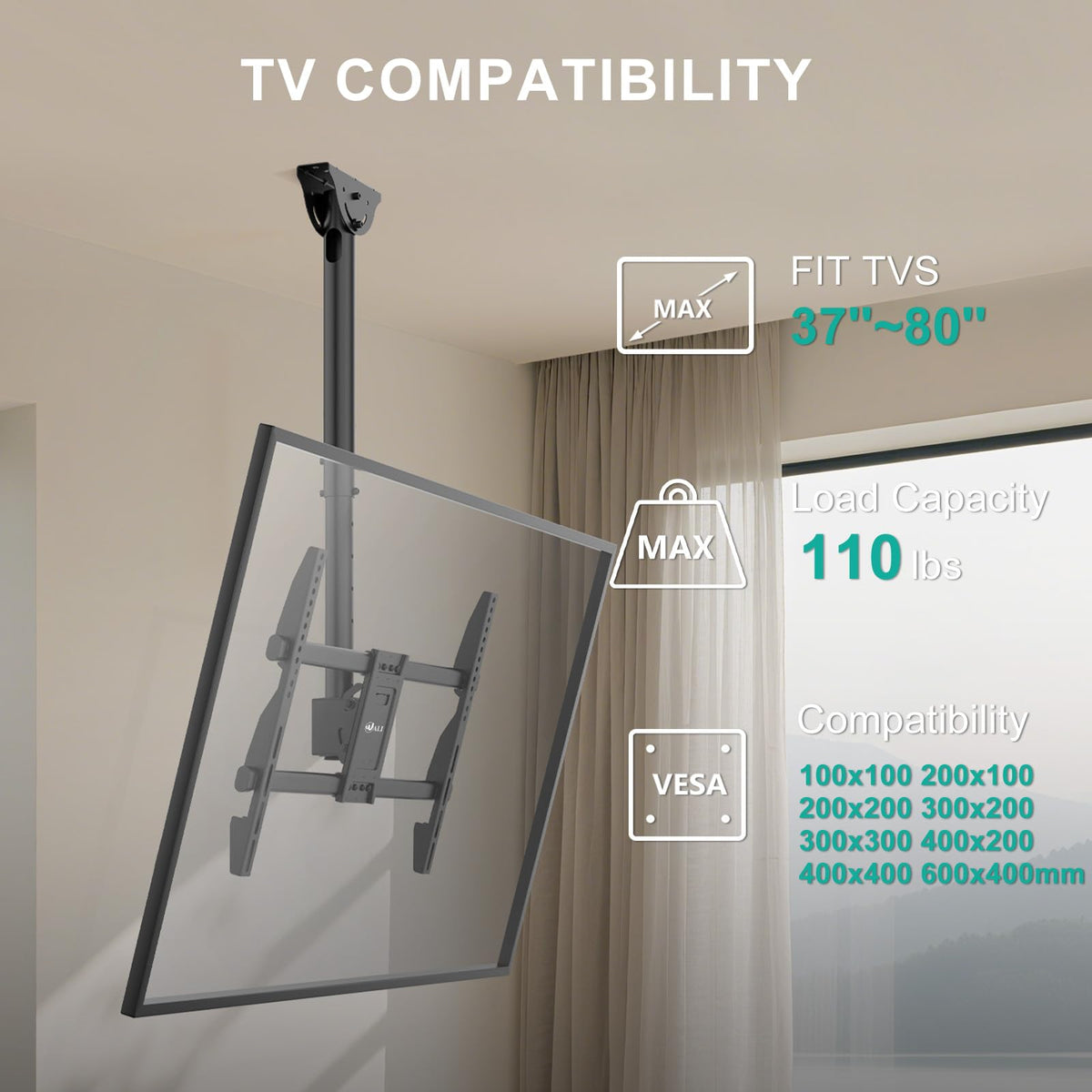 WALI ceiling TV mount shows hole pattern compatibility for many displays.