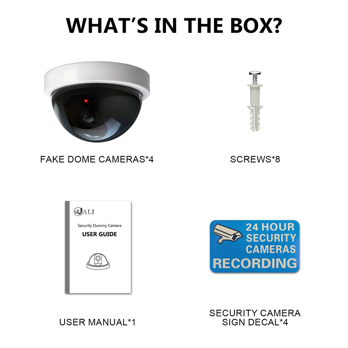 WALI dummy security camera white warning decals enhance visibility.