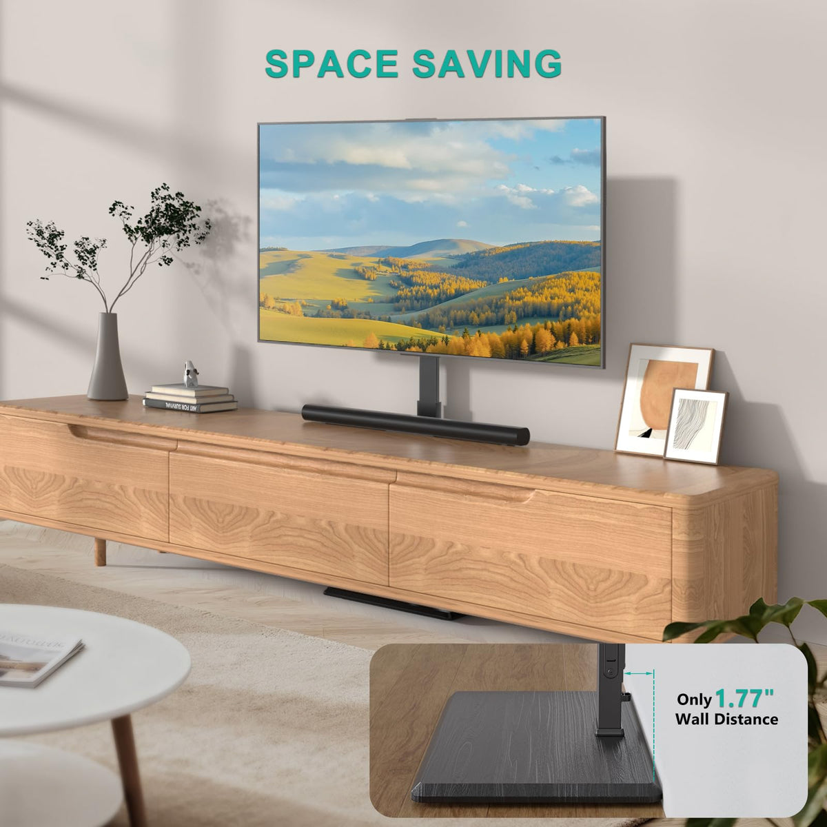 WALI floor TV stand power cord length supports versatile placement