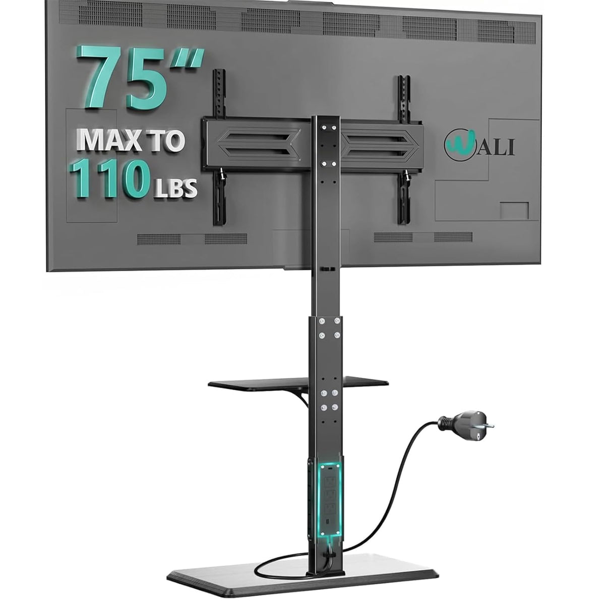 WALI floor TV stand with power outlet and AV shelf keeps media tidy and accessible.