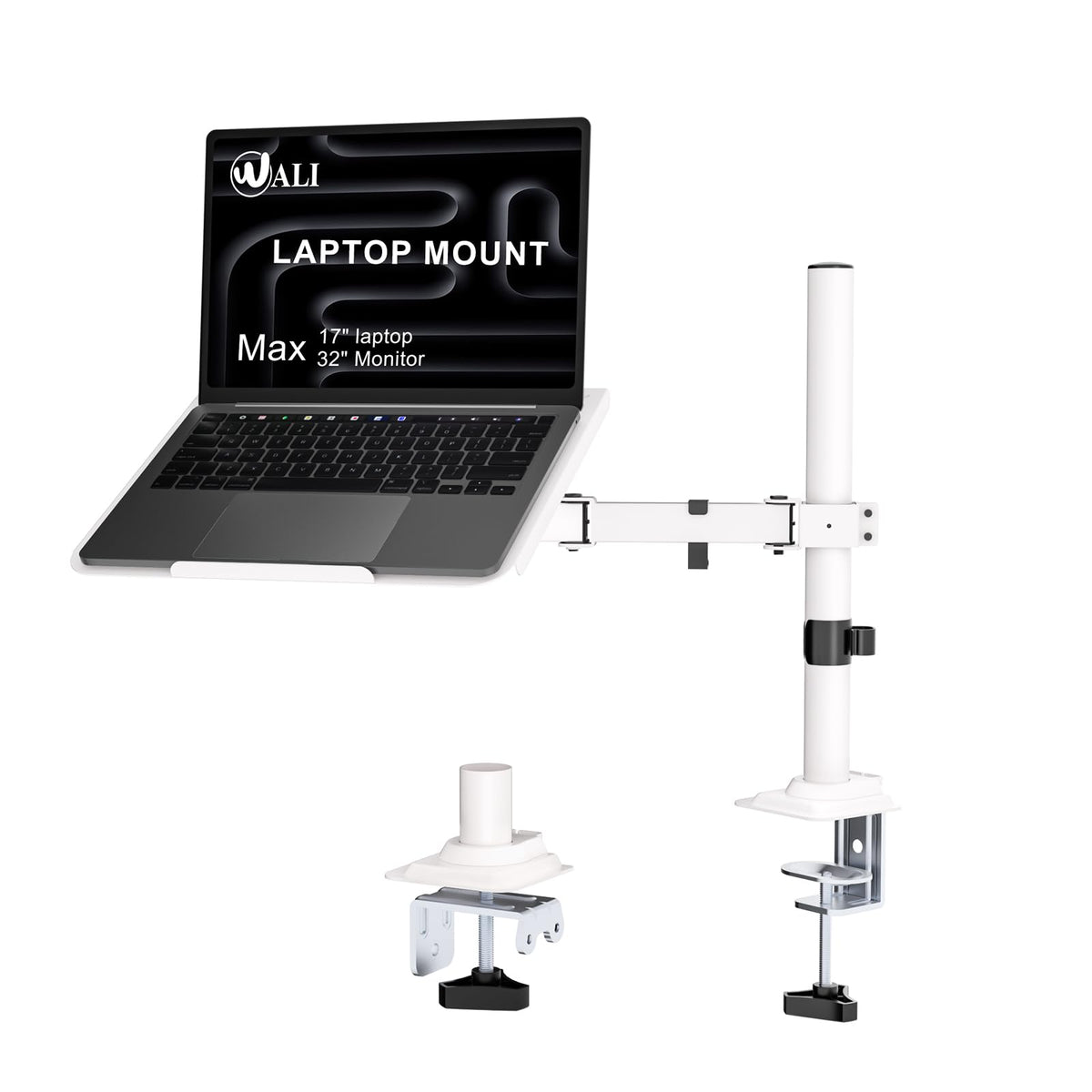 WALI front view of white desk mount showing clean profile and space savings