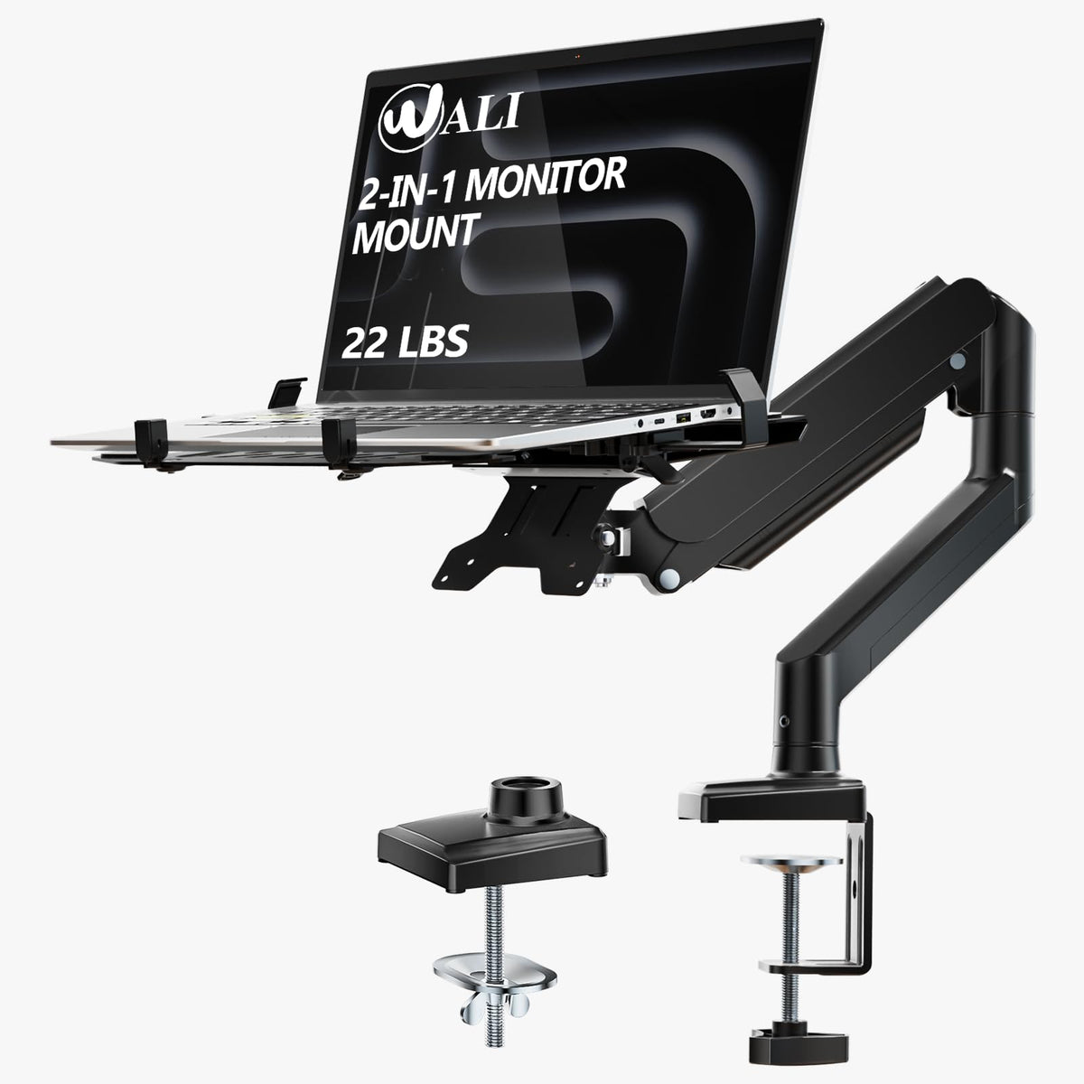 WALI front view of single monitor arm showing compact footprint and saved desk space