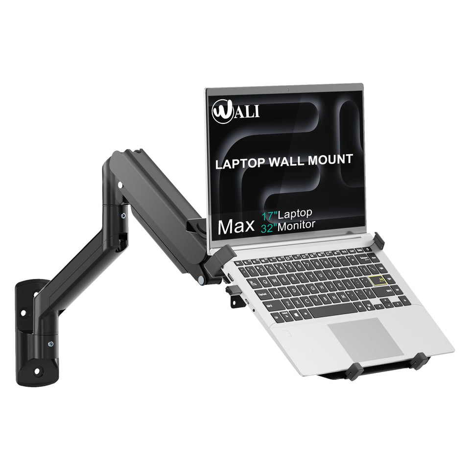 WALI front view showing laptop and monitor mounted, saves desk space