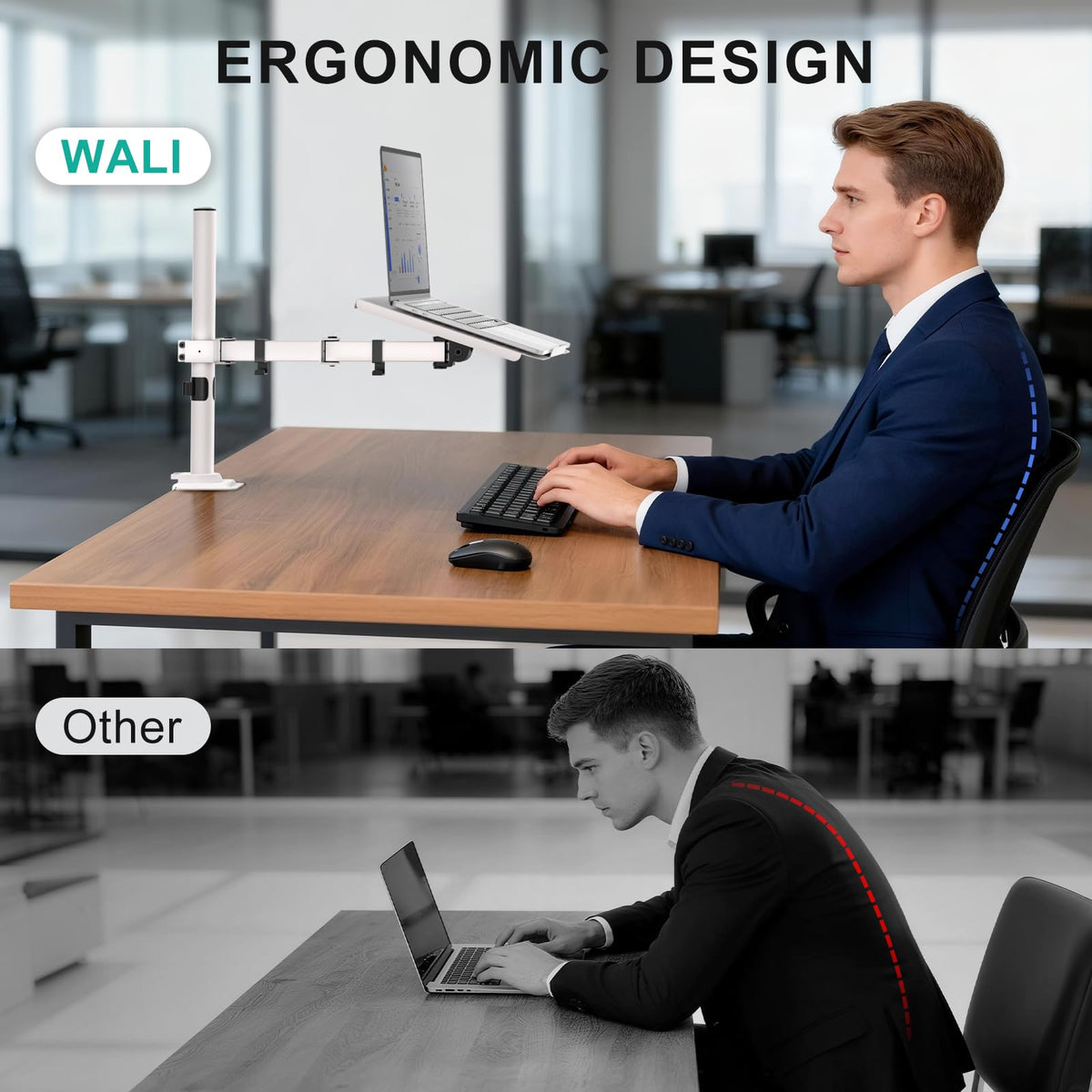 WALI laptop in use on tray illustrating ergonomic eye-level viewing