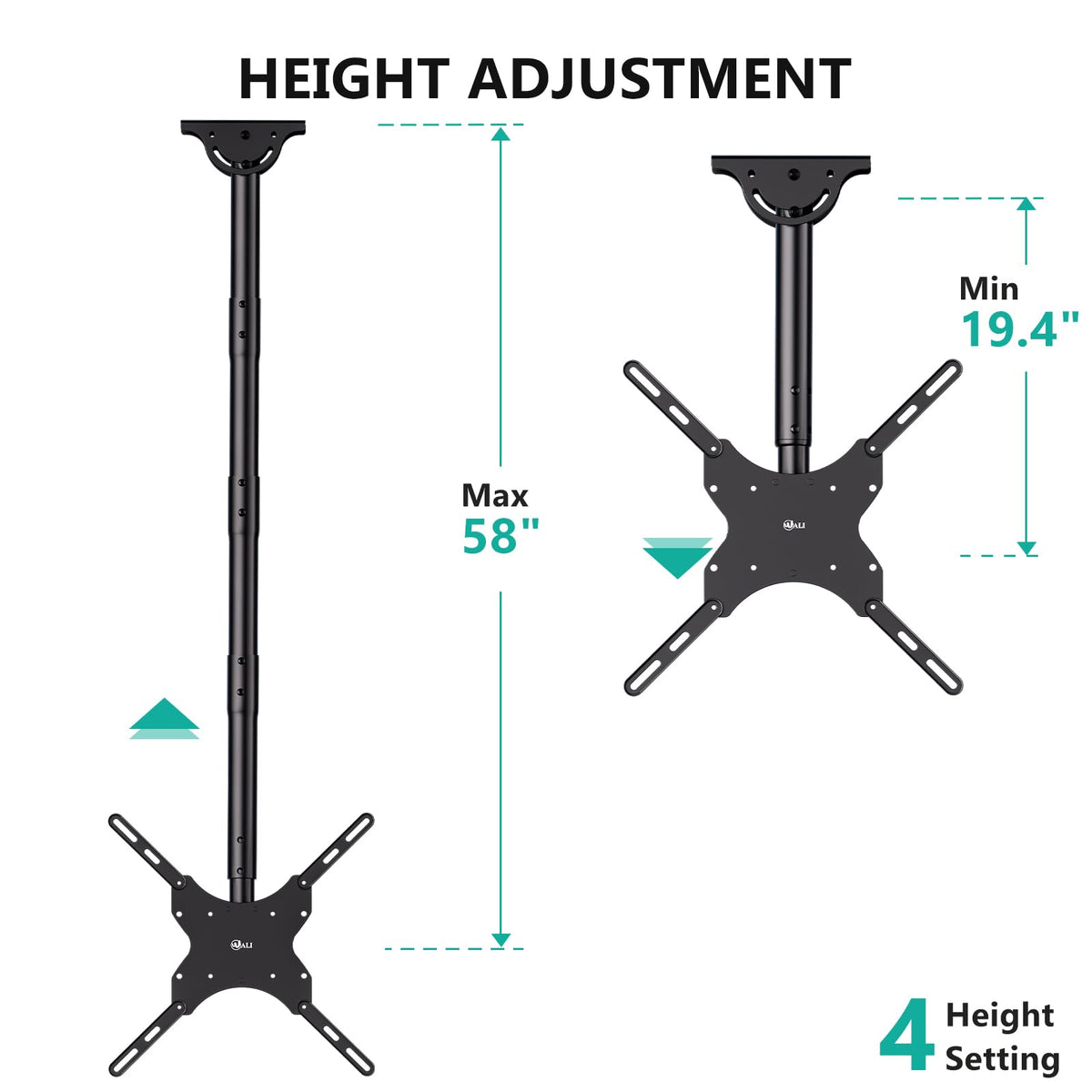 WALI long-arm ceiling mount offers height extension up to 58 inches for ideal viewing.