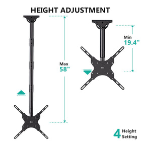 WALI long-arm ceiling mount offers height extension up to 58 inches for ideal viewing.