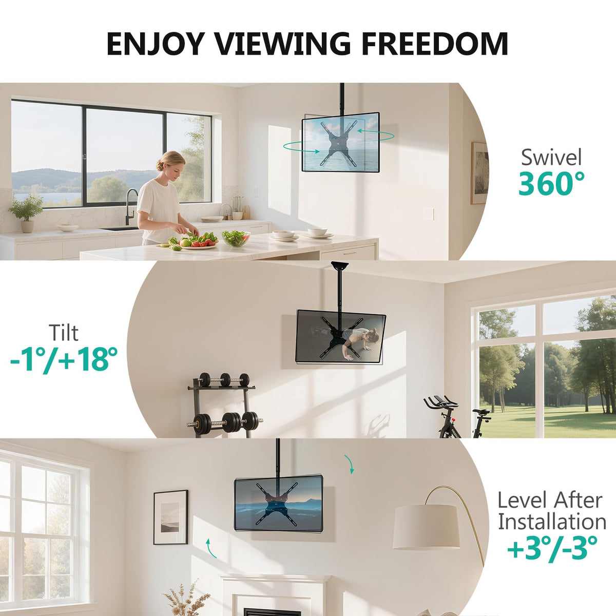 WALI TV mount rotated to show 360-degree swivel for flexible viewing
