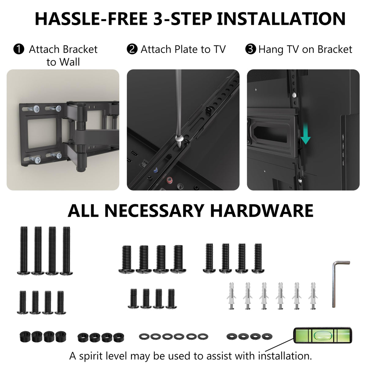WALI mounted TV with scale reference showing fit for 32–70 inch screens benefit