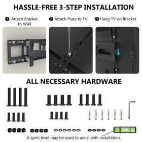 WALI mounted TV with scale reference showing fit for 32–70 inch screens benefit