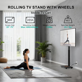 WALI rolling TV cart with silent wheels glides smoothly for flexible room placement.