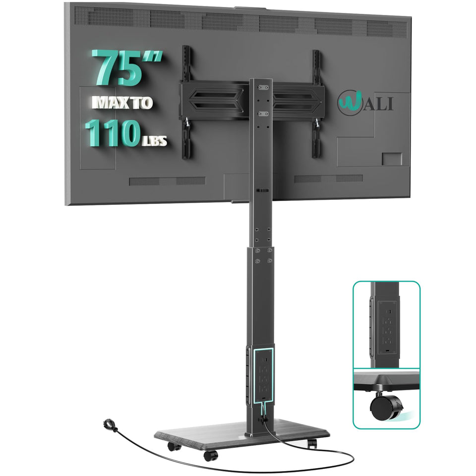 WALI rolling TV stand with wood base securely supports 39–75 inch TVs.