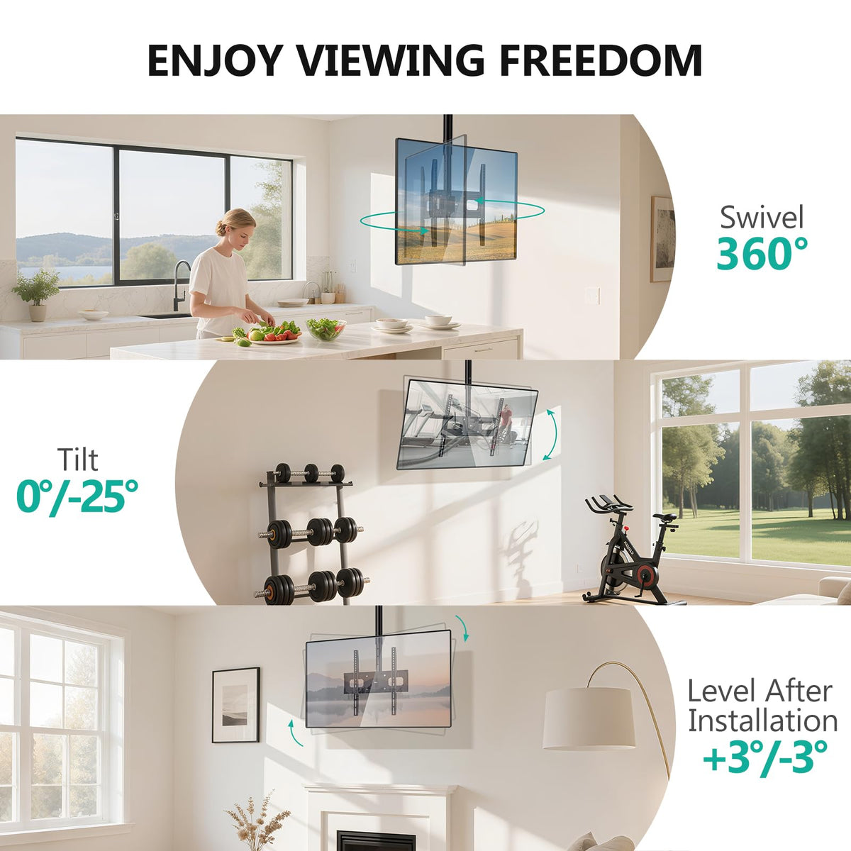 WALI mounted TV demonstrating tilt and swivel, improving viewing angles