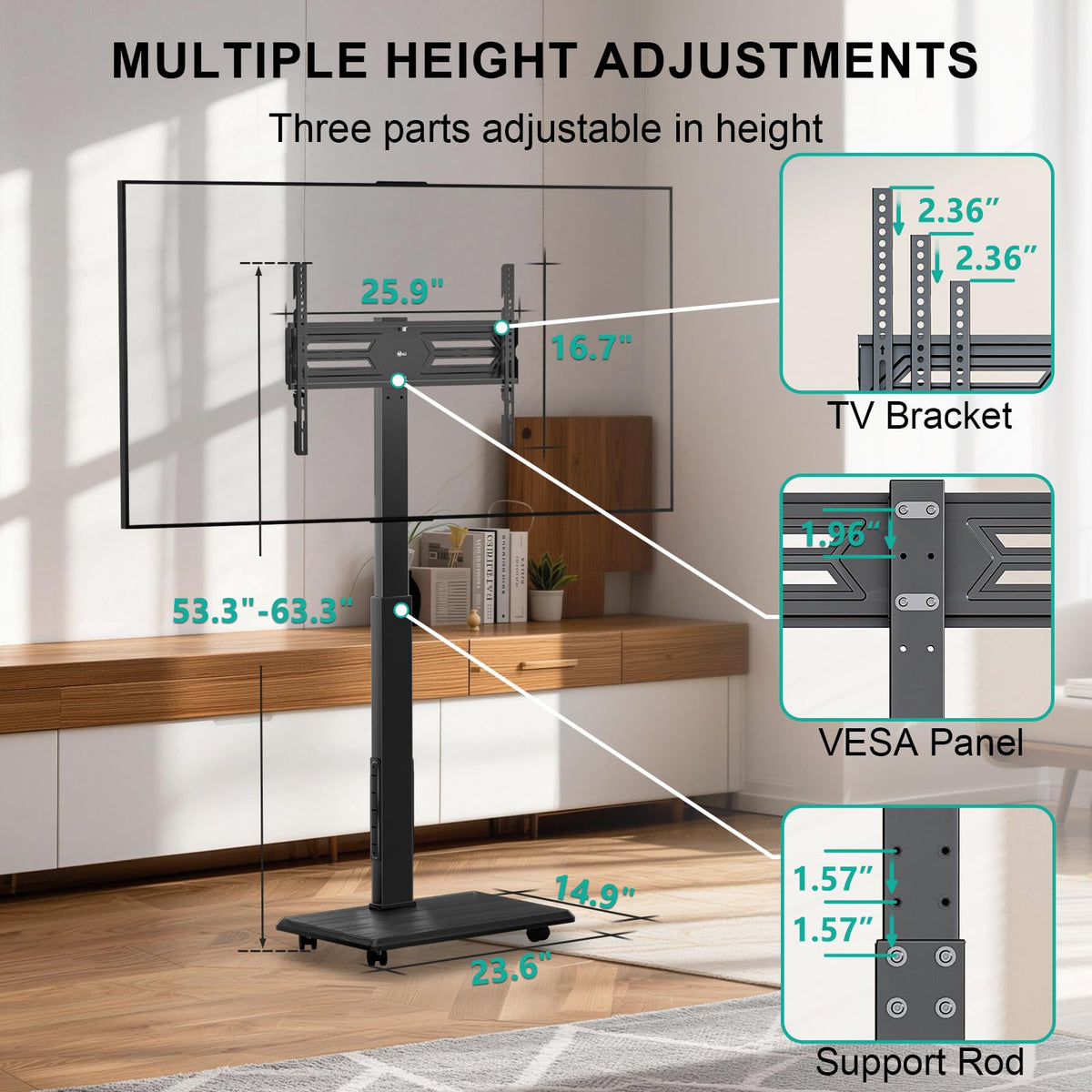 Height adjustable support bar and TV bracket tailor viewing height.