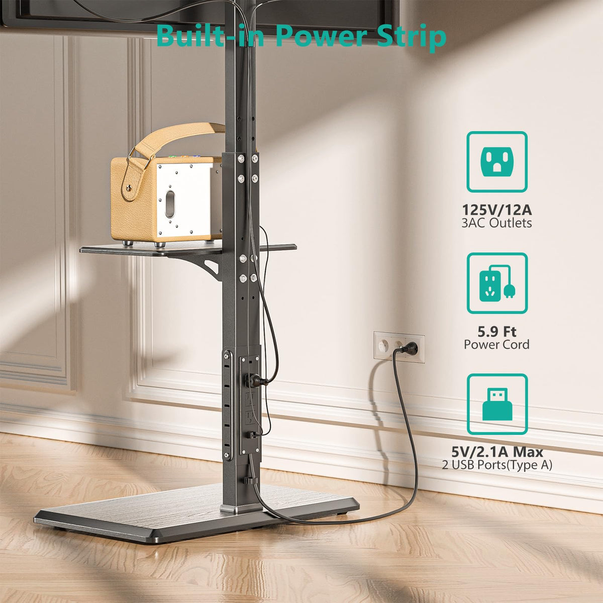 WALI TV stand with adjustable soundbar shelf for customized entertainment setup.