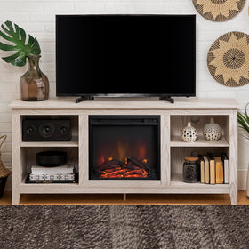 Walker Edison Wren electric fireplace detail with warm glowing ambience.