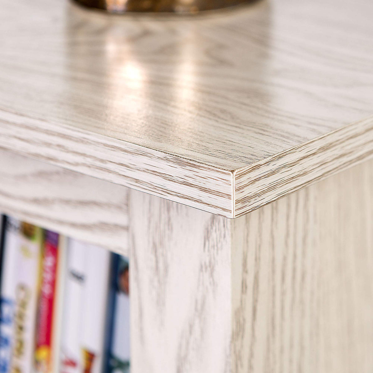 Walker Edison Wren open shelves on both sides for media gear and décor.