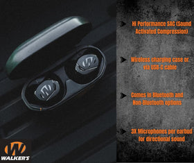Close-up of Walkers Suppressor Earbuds highlighting comfort-fit design for extended wear.