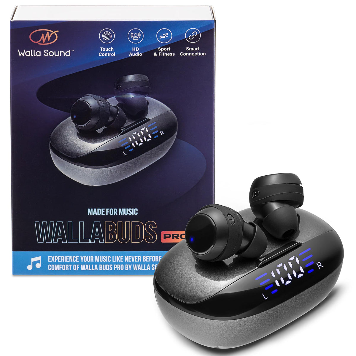 WALLA SOUND front shot of earbuds and charging case showing compact design and portability