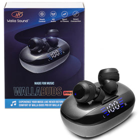 WALLA SOUND front shot of earbuds and charging case showing compact design and portability