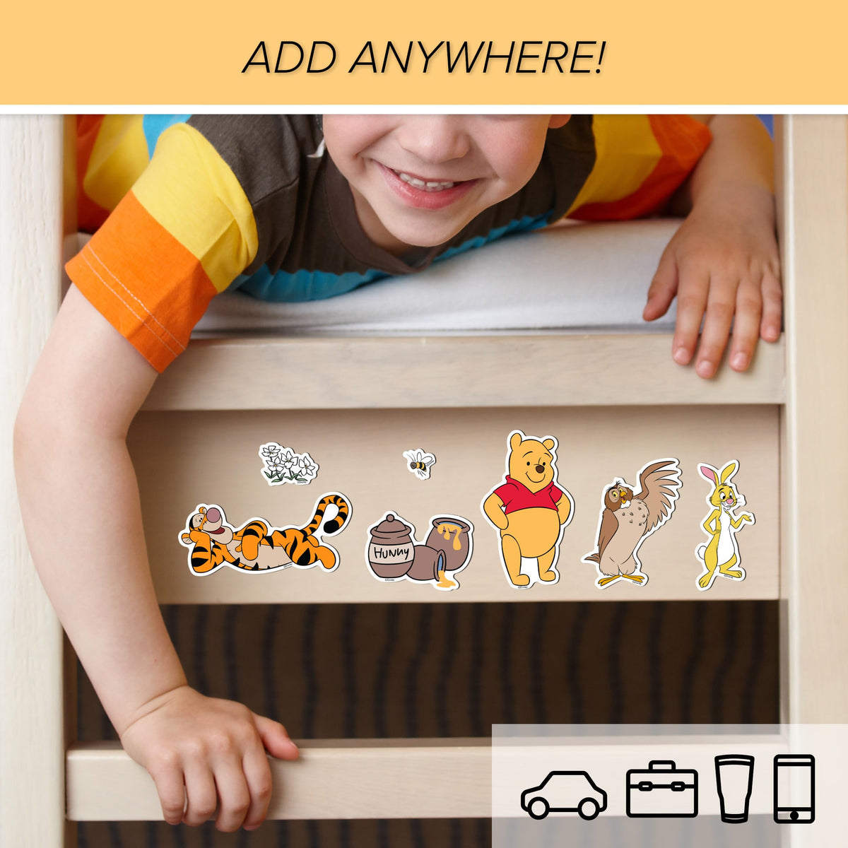 WALL PALZ Winnie the Pooh hunny pot and bees decal spark cheerful accents on bottles.
