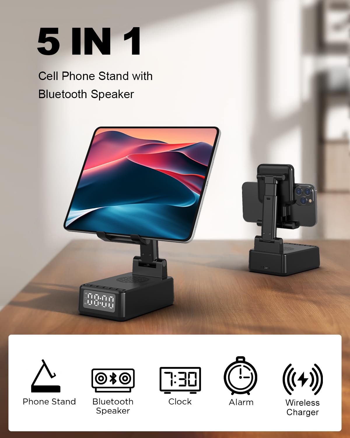 WamGra Bluetooth speaker alarm clock combo for bedside listening.