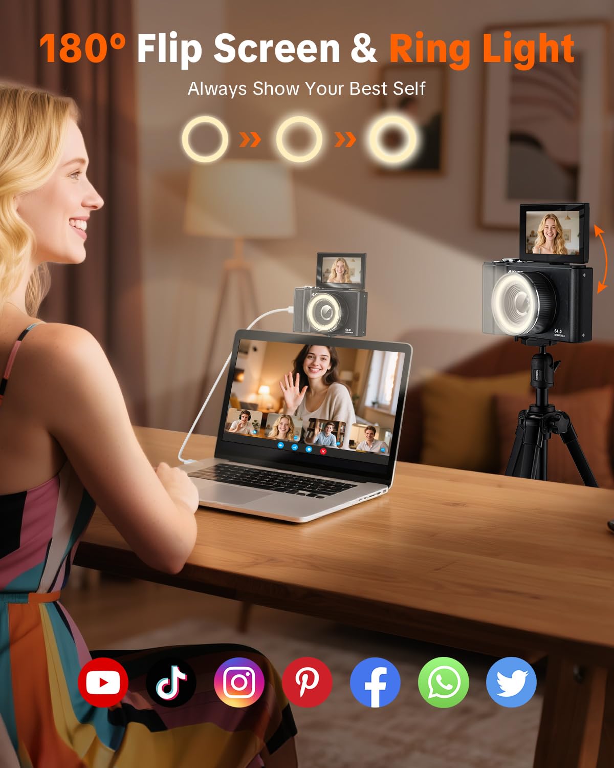 W & O flip screen in selfie mode for framing vlogs and selfies