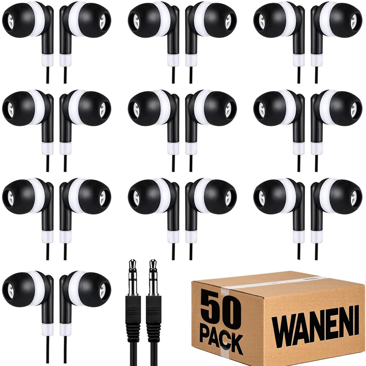Waneni bulk earbuds front view, ideal for classroom distribution and shared devices.