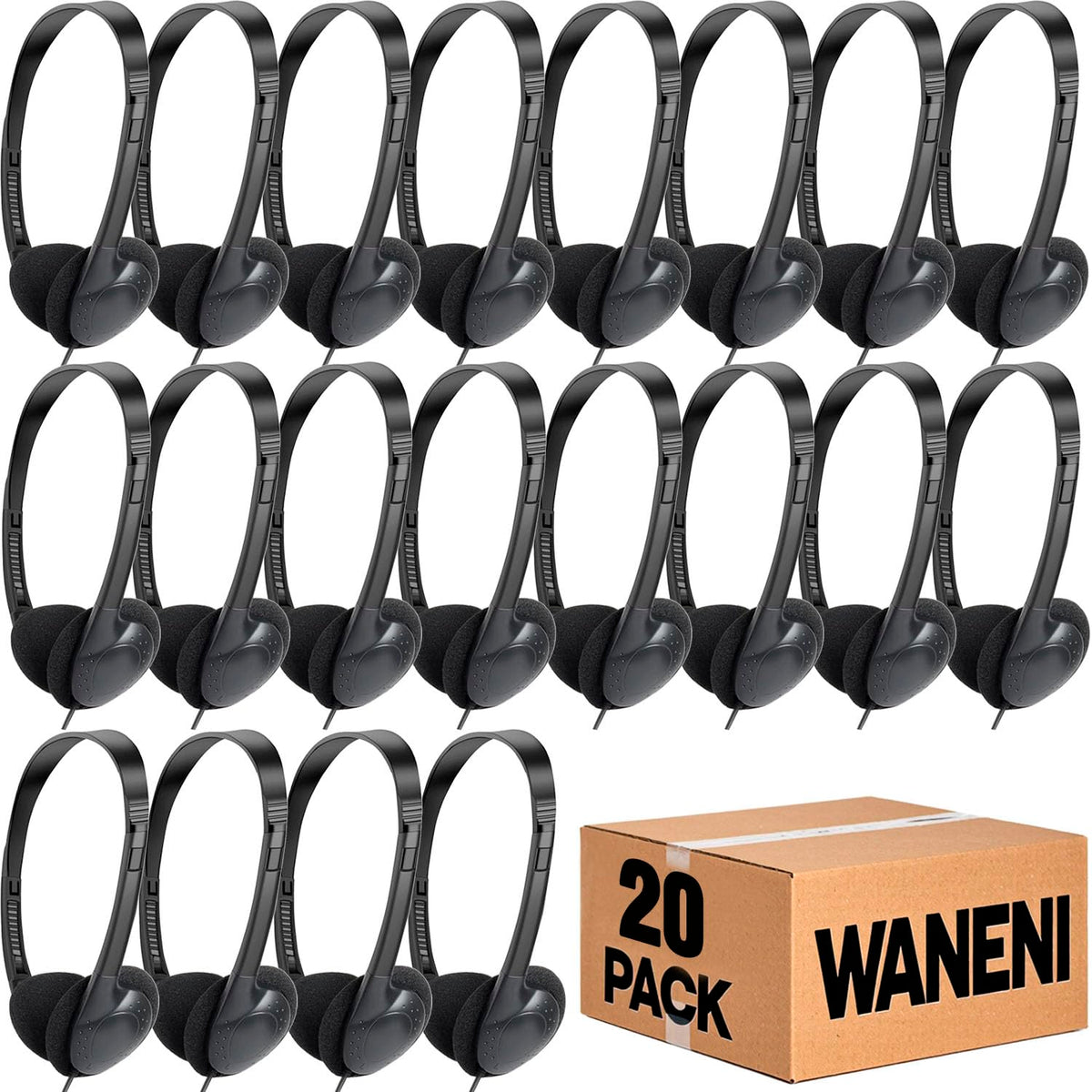 Waneni Kids Headphones 20-pack, packaged for classrooms, ready for bulk deployment.