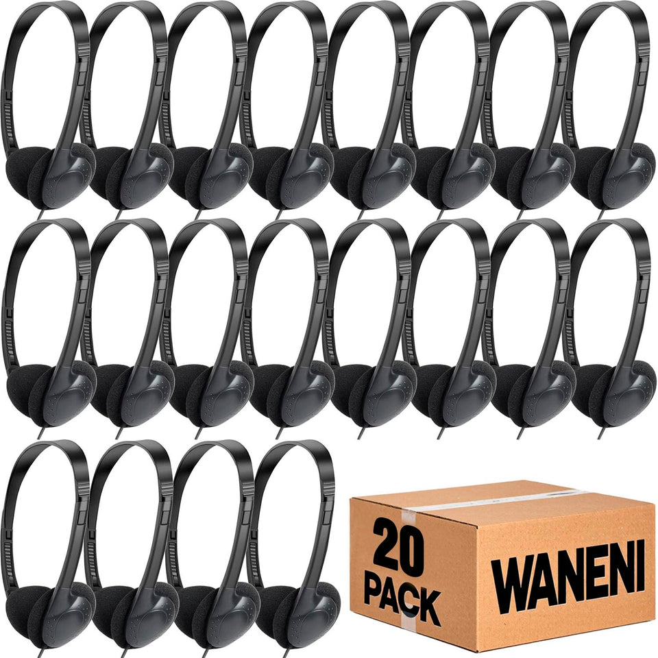 Waneni Kids Headphones 20-pack, packaged for classrooms, ready for bulk deployment.
