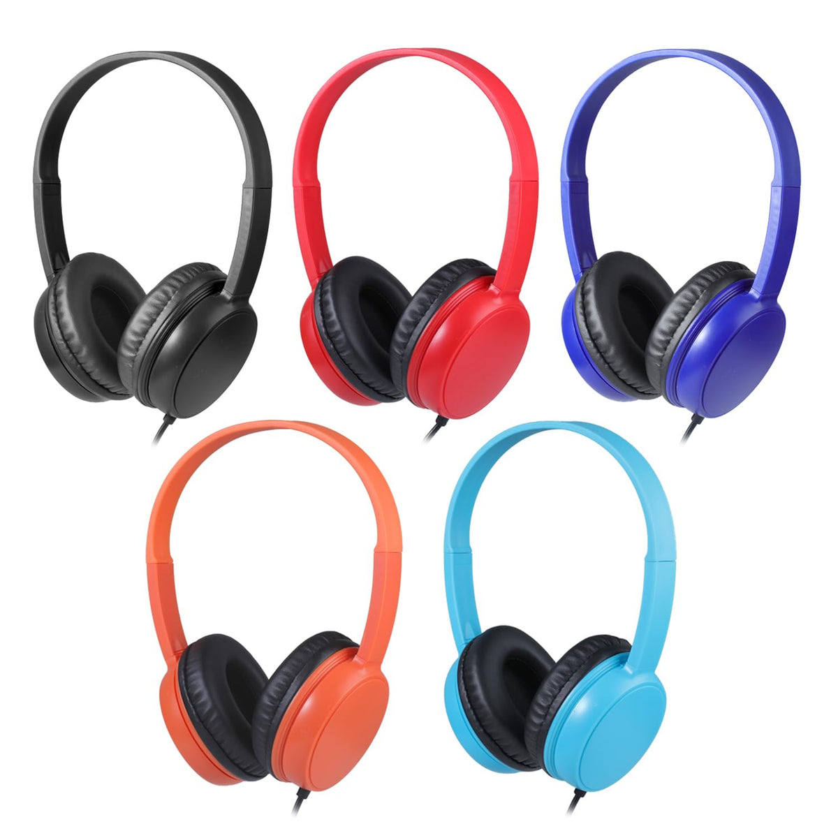 Waneni Kids Headphones 5-Pack blue on-ear, ideal for classroom listening.