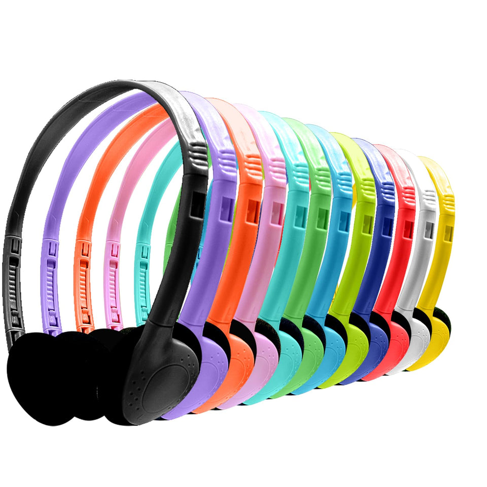 Waneni kids headphones bulk colorful pack for classroom group activities.