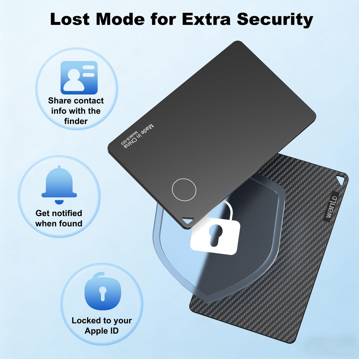 WANLD wallet tracker card highlighting 5+ year battery life