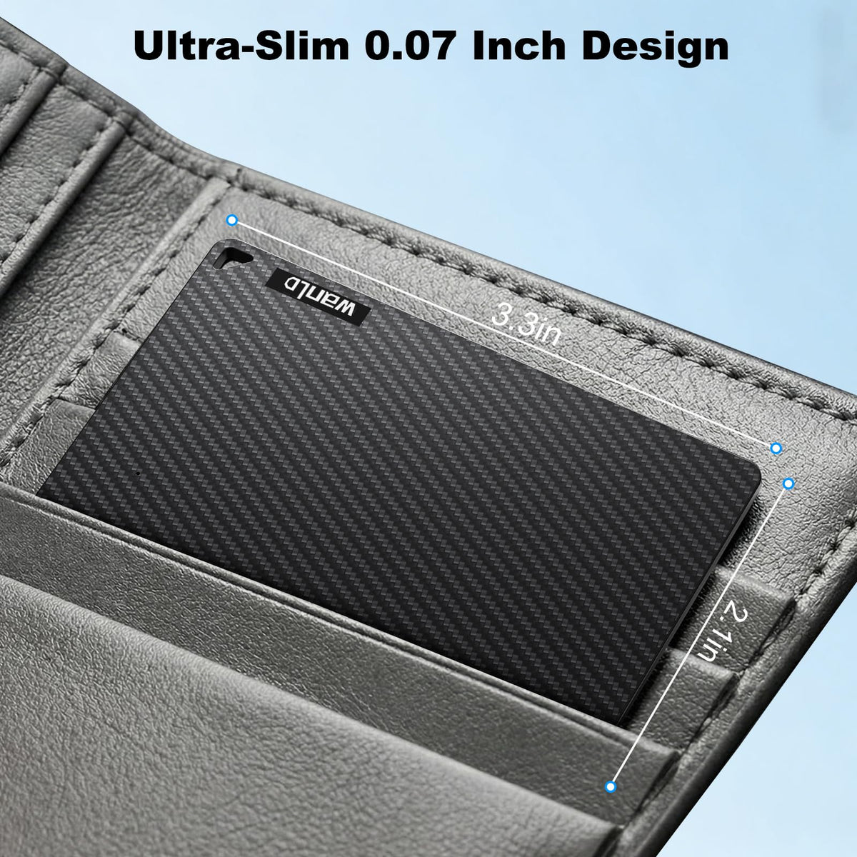 Compact WANLD tracker designed for wallets, passports, and travel use