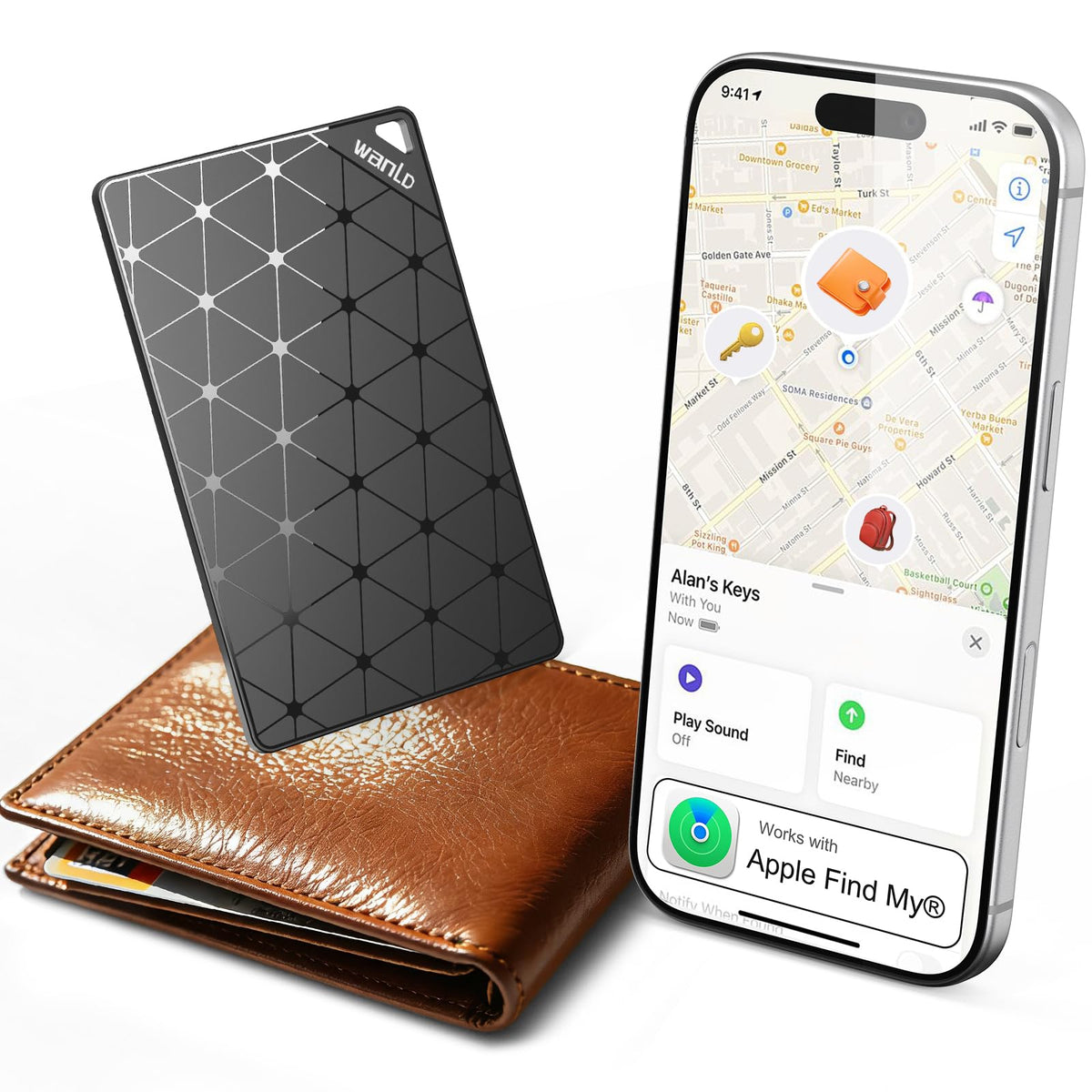 WANLD wallet tracker front view showing card face and benefit of discreet tracking